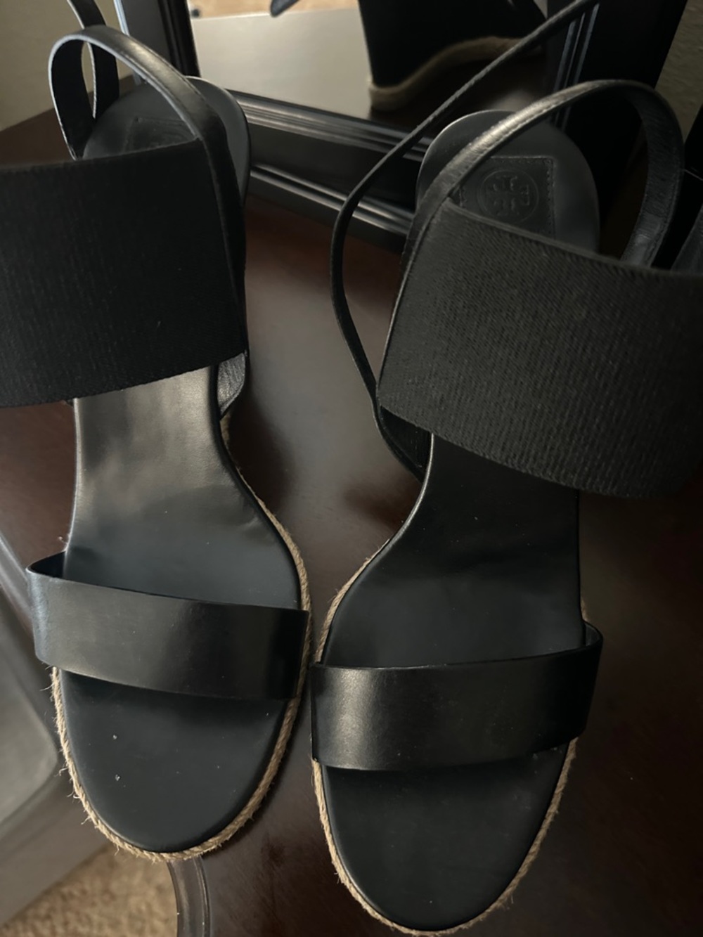 Tory Burch Black Elastic Strap Espadrille Sandals with Leather Toe Band